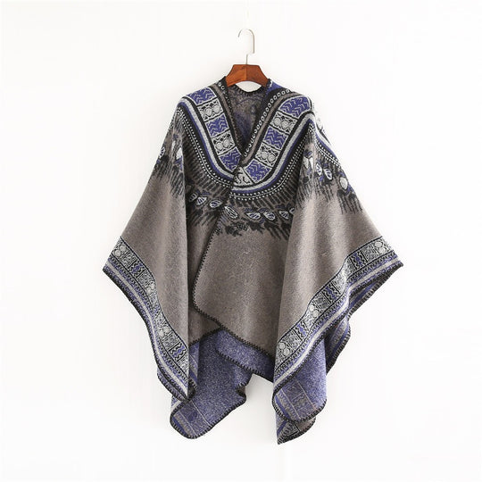 Damen Oversize-Poncho im Ethno-Jacquard mit V-Ausschnitt und strukturiertem Saum Shop Nory