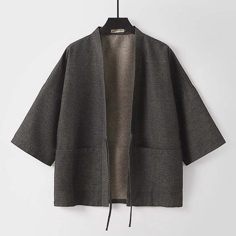 Herren Lockerer Kimono-Cardigan aus strukturierter Baumwollmischung mit kurzem Ärmel und Bindeband Shop Nory