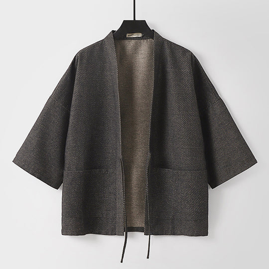 Herren Lockerer Kimono-Cardigan aus strukturierter Baumwollmischung mit kurzem Ärmel und Bindeband Shop Nory