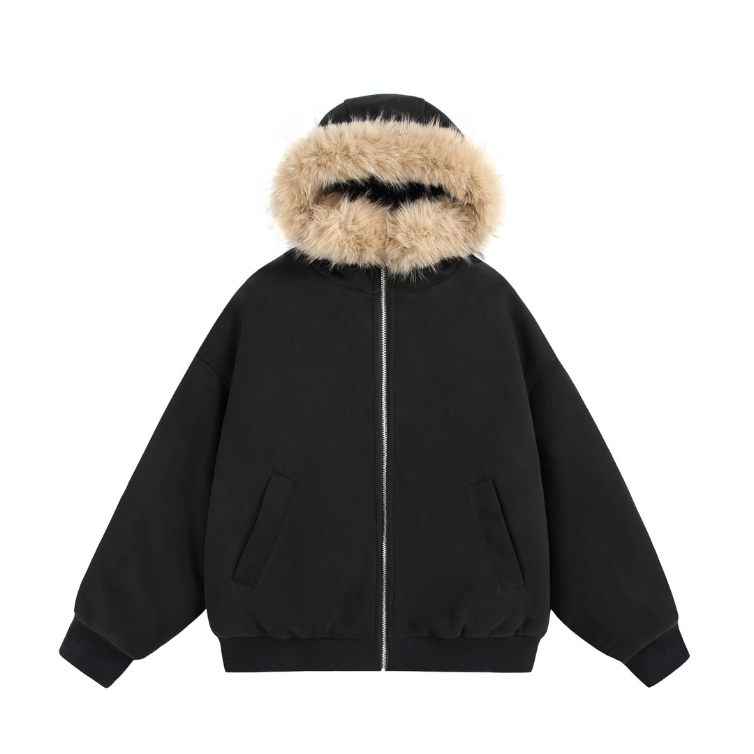 Damen Kurzboxy Kapuzenblouson aus French‑Terry mit voluminöser Kunstfellkante Shop Nory