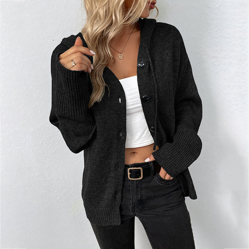 Damen lässige Strickjacke mit Kapuze und Knopfverschluss