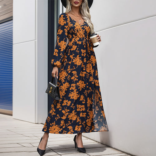 Damen Florales Maxikleid mit Wickel‑Dekolleté, Smock‑Taillenband und hohem Seitenschlitz Shop Nory