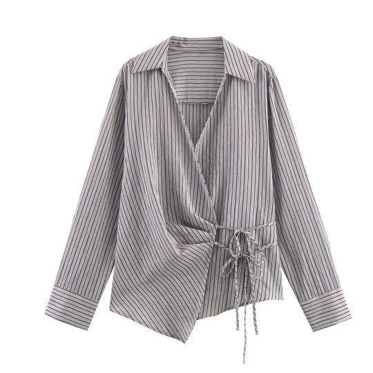 Damen Asymmetrische Wickelbluse mit Hemdkragen, seitlicher Schnürung und langen Manschettenärmeln Shop Nory