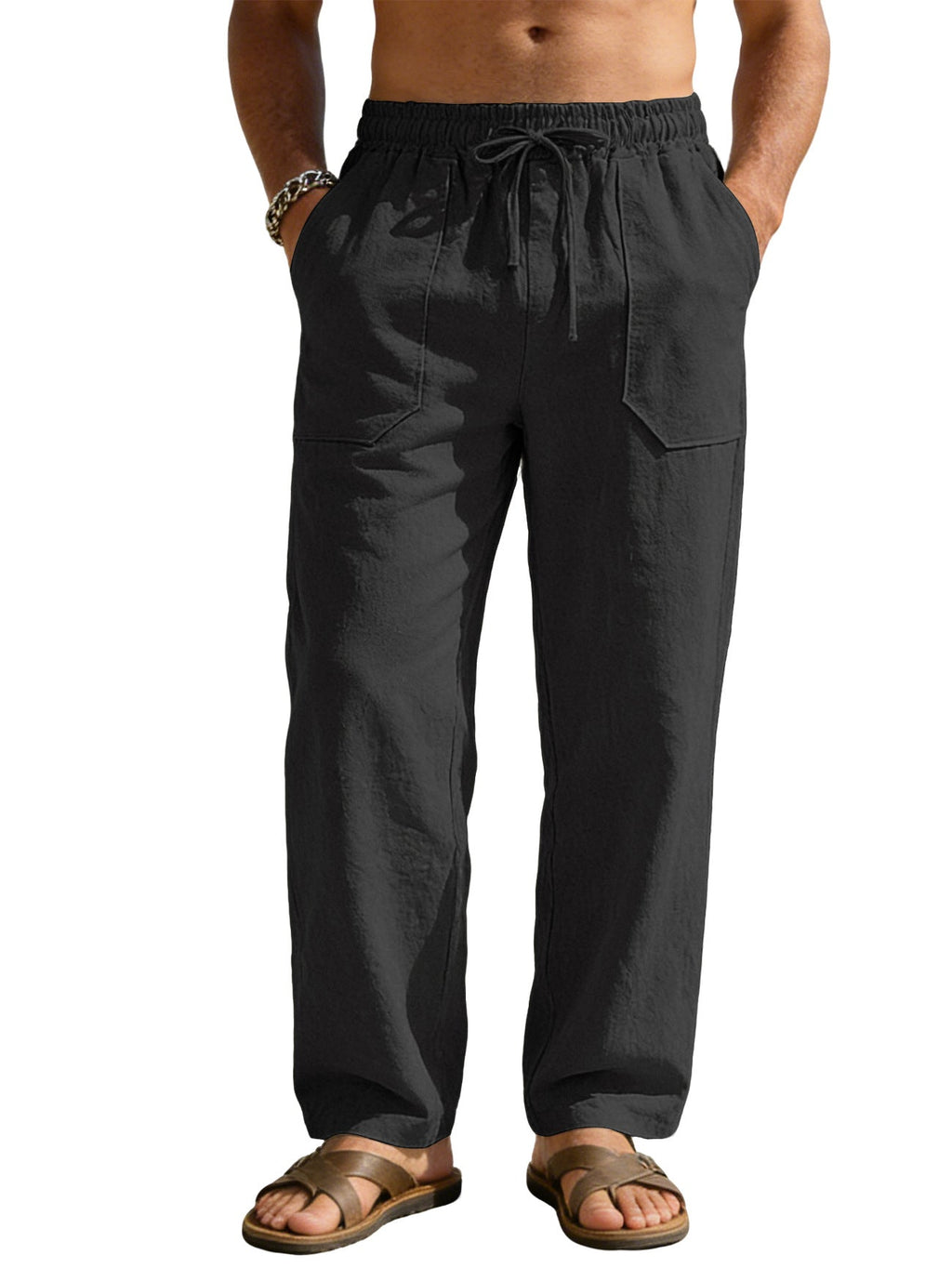 Herren nan weite Relaxhose aus Leinen-Mix mit Kordelbund und aufgesetzten Beintaschen Shopnory