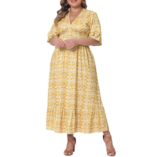 Damen Midikleid in A‑Linie mit grafischem Allover‑Print, geraffter Taillenpartie und Volantstufen Shop Nory