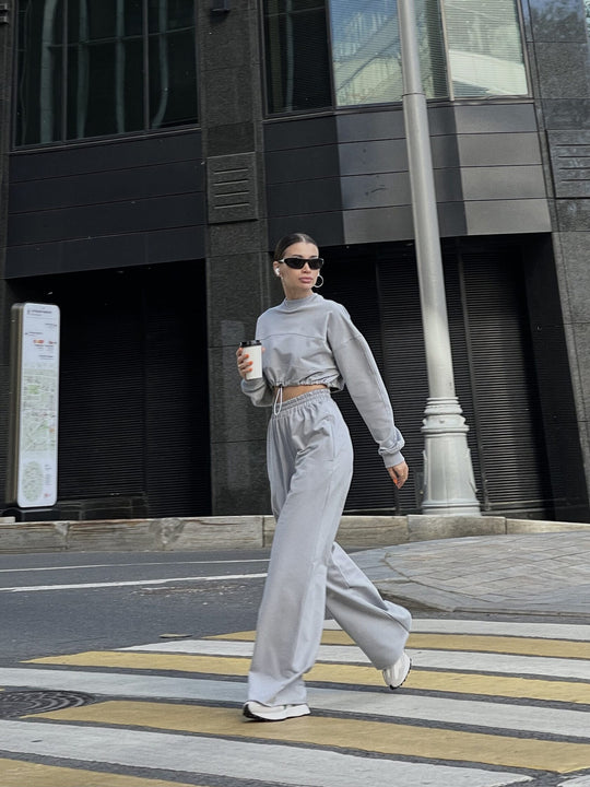Damen Cropped Loungewear-Set mit gerafftem Tunnelzug und weiter High-Waist-Hose Shop Nory