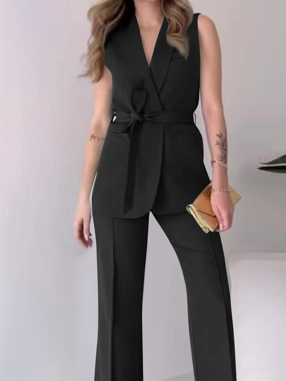 Damen Ärmelloses Blazer-Set mit tailliertem Bindegürtel und High-Waist Schlaghose Shop Nory
