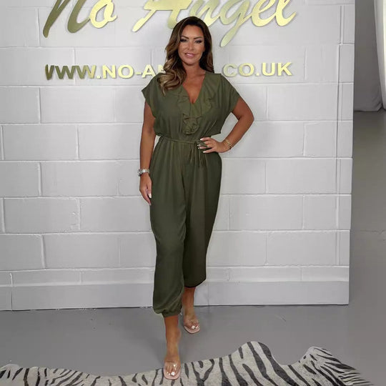 Damen Jumpsuit mit Rüschendetails und Bindegürtel