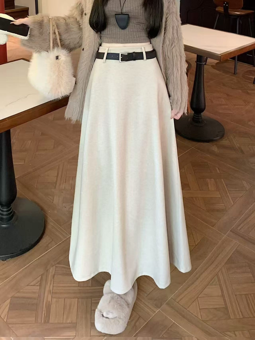 Damen Langer Maxirock mit schwingendem Schnitt und Gürtel Shop Nory