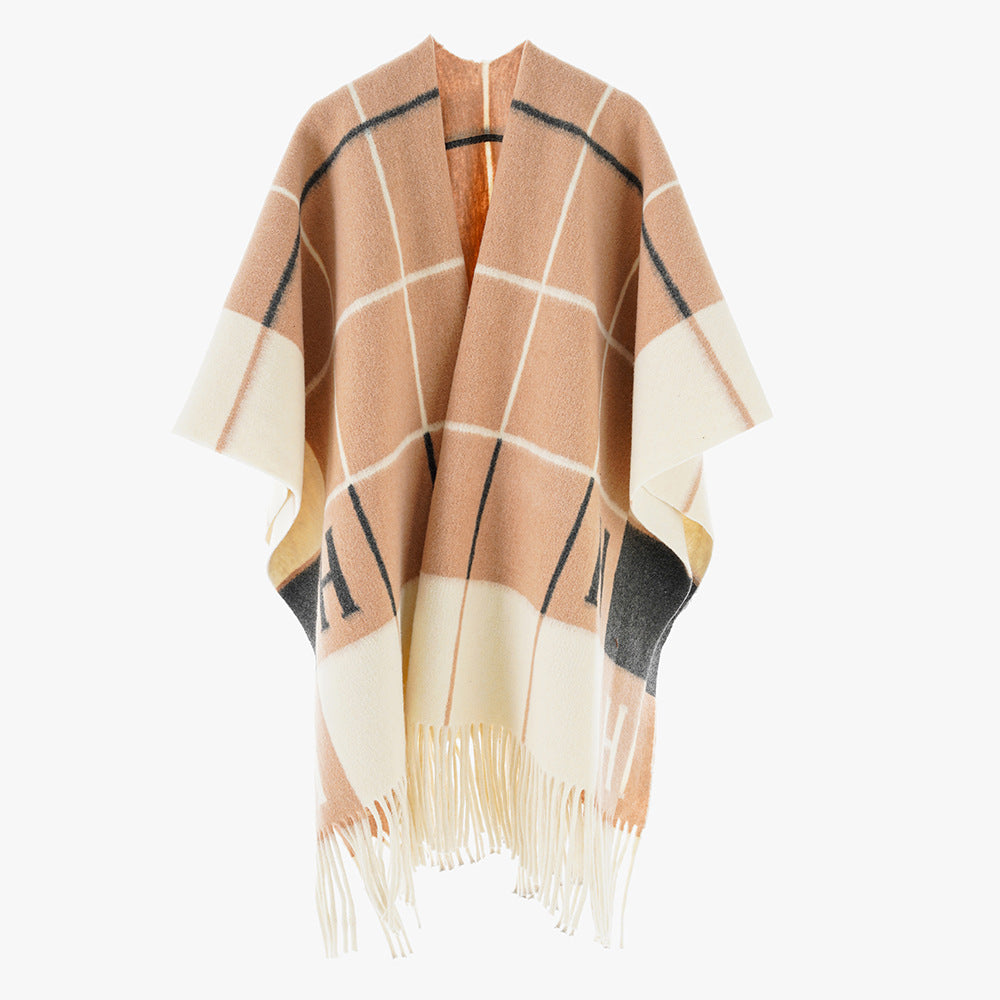 Damen Oversize-Überwurf aus Wollmix mit Monogramm-Karomuster und Fransensaum Shop Nory
