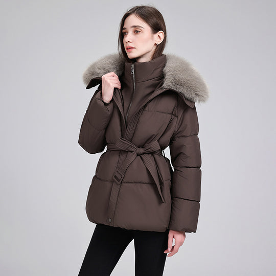 Damen nan luxuriöse kurze Pufferjacke mit integriertem Windschutzkragen und Taillengürtel Shop Nory