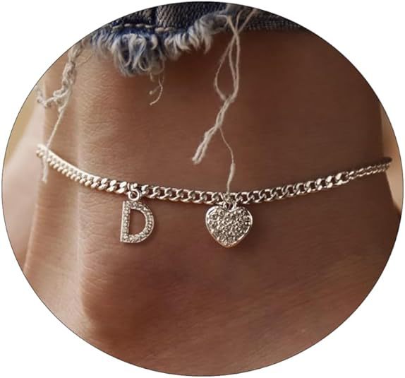 Damen Fußkettchen mit personalisiertem Buchstaben und funkelndem Herzanhänger Shop Nory