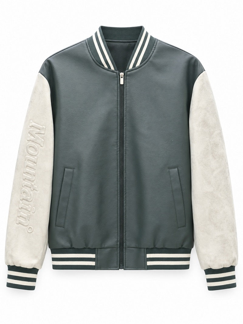 Herren Varsity‑Bomberjacke im College‑Stil mit Lederimitatkörper und kontrastierenden Wildlederärmeln Shop Nory