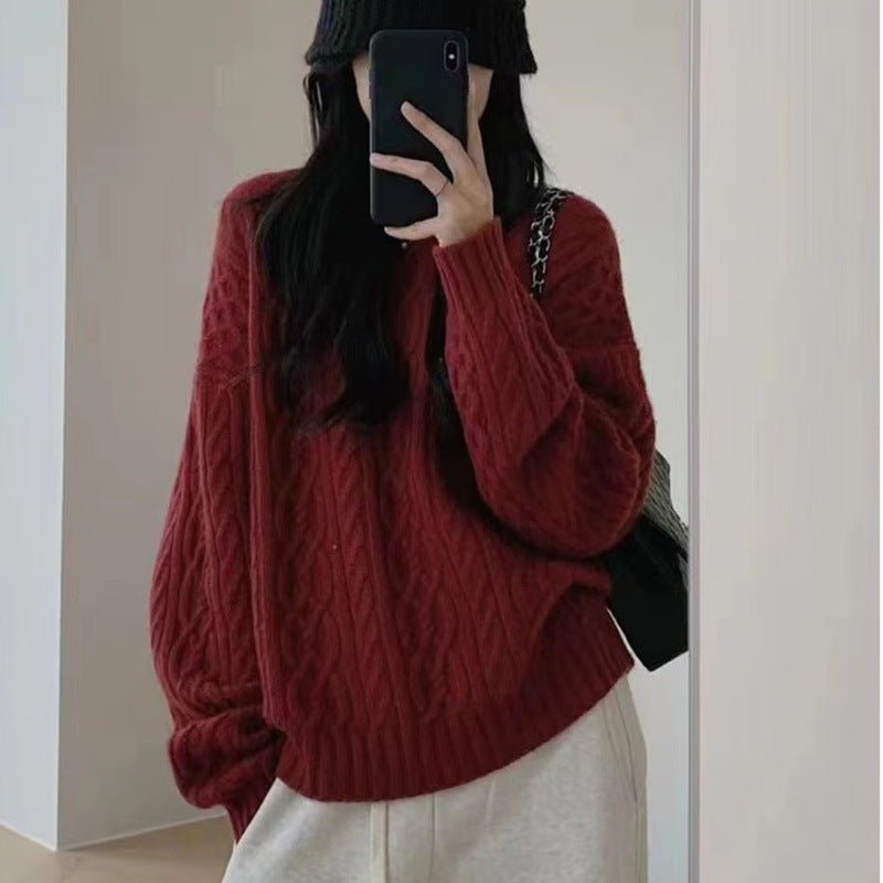 Damen Oversize Zopfmuster‑Pullover mit Rundhalsausschnitt und lässiger Schulterpartie Shop Nory