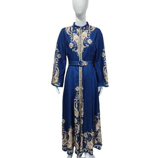 Damen Besticktes Maxikleid mit Stehkragen, Taillengürtel und Orientalischem Paisley-Motiv Shop Nory
