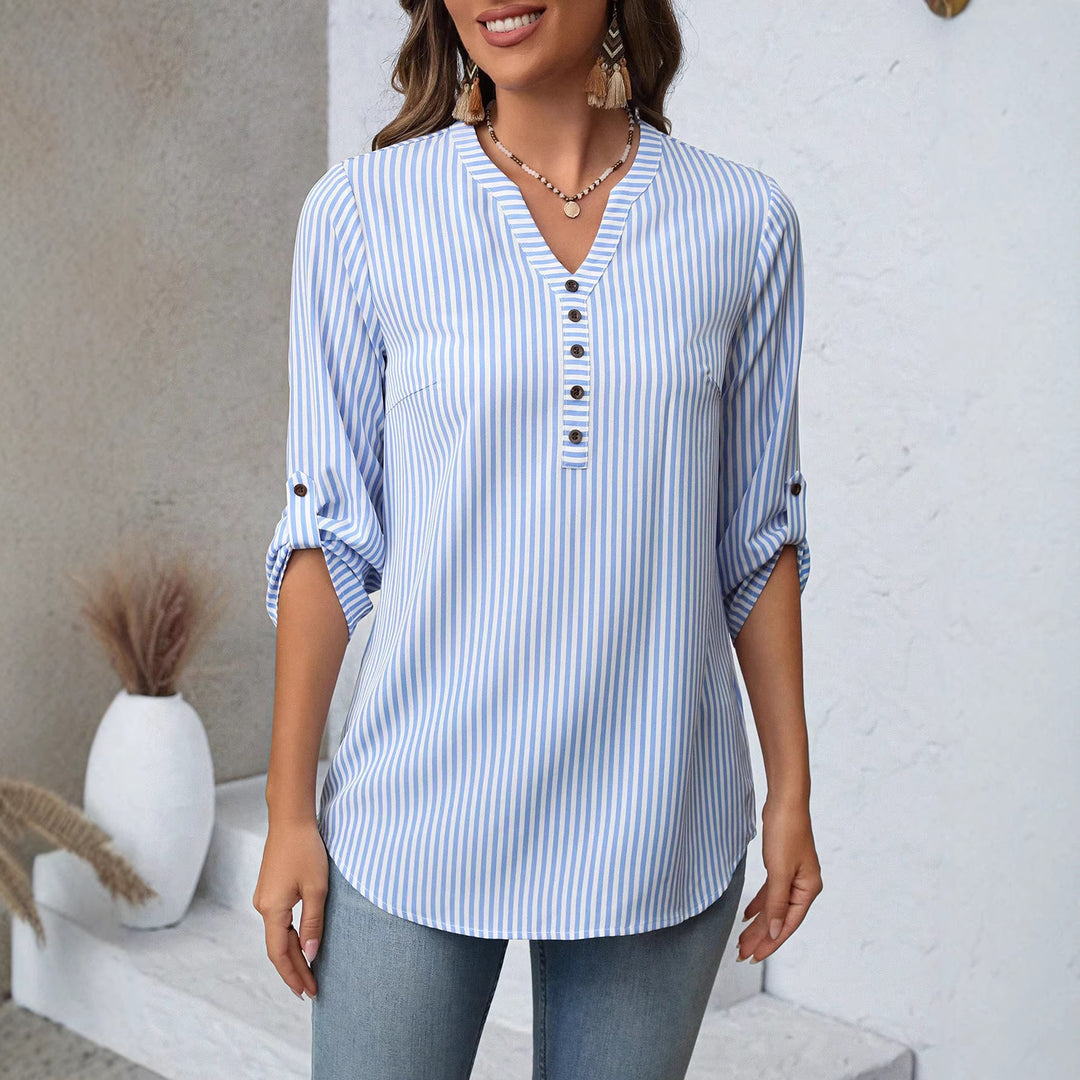 Damen Gestreifte V-Ausschnitt Tunika-Bluse mit Knopfleiste und krempelbaren Dreiviertelärmeln Shop Nory