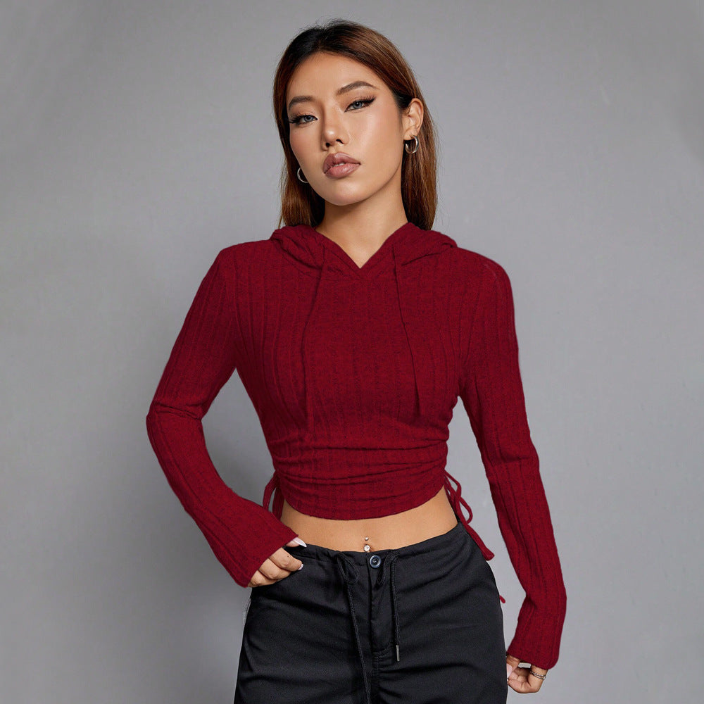 Damen geripptes Crop-Hoodie mit Tunnelzugseitennähten, figurbetonter Silhouette und langen Ärmeln Shop Nory