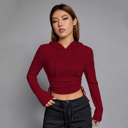 Damen geripptes Crop-Hoodie mit Tunnelzugseitennähten, figurbetonter Silhouette und langen Ärmeln Shop Nory