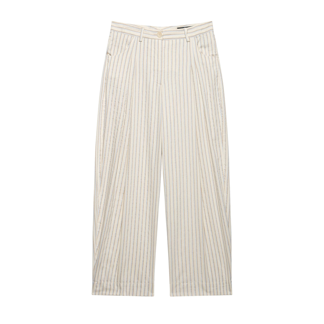 Damen Weite Leinenhose mit hoher Taille, Streifenmuster und aufgesetzten Taschen Shop Nory