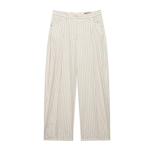 Damen Weite Leinenhose mit hoher Taille, Streifenmuster und aufgesetzten Taschen Shop Nory