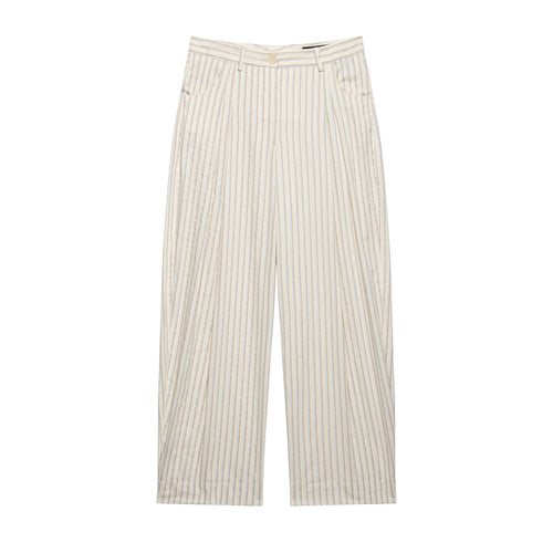 Damen Weite Leinenhose mit hoher Taille, Streifenmuster und aufgesetzten Taschen Shop Nory