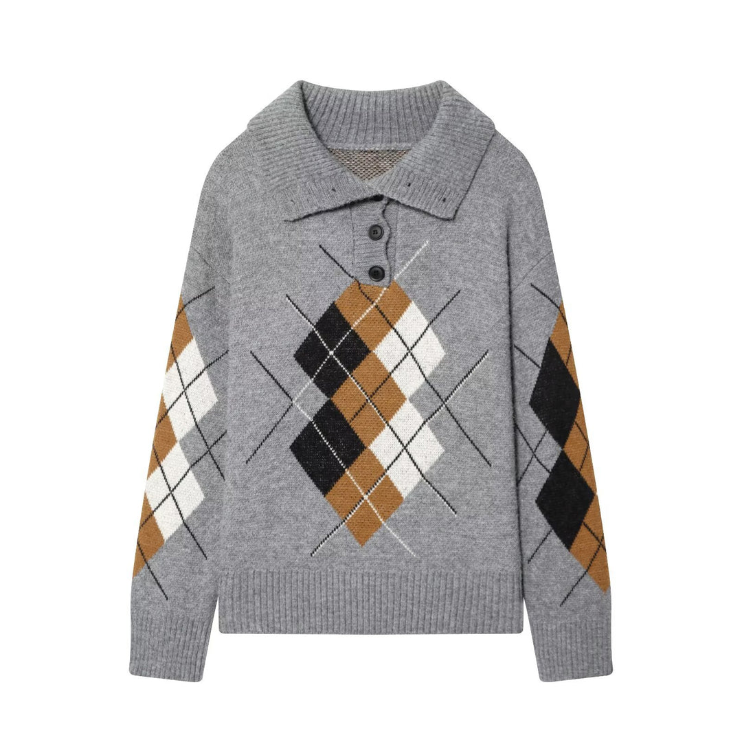 Damen Oversized Pullover mit Rautenmuster und Polokragen mit Knopfleiste Shop Nory