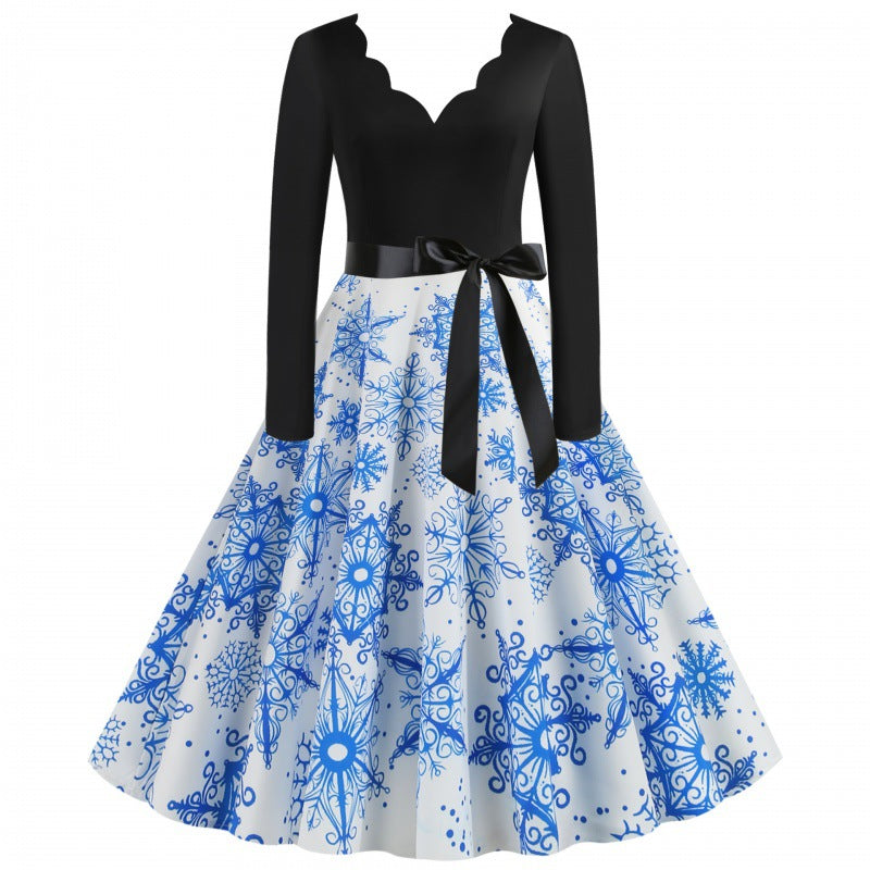 Damen Festliches Tellerrockkleid mit geschwungener Ausschnittkante, langen Ärmeln und Satin-Taillengürtel Shop Nory