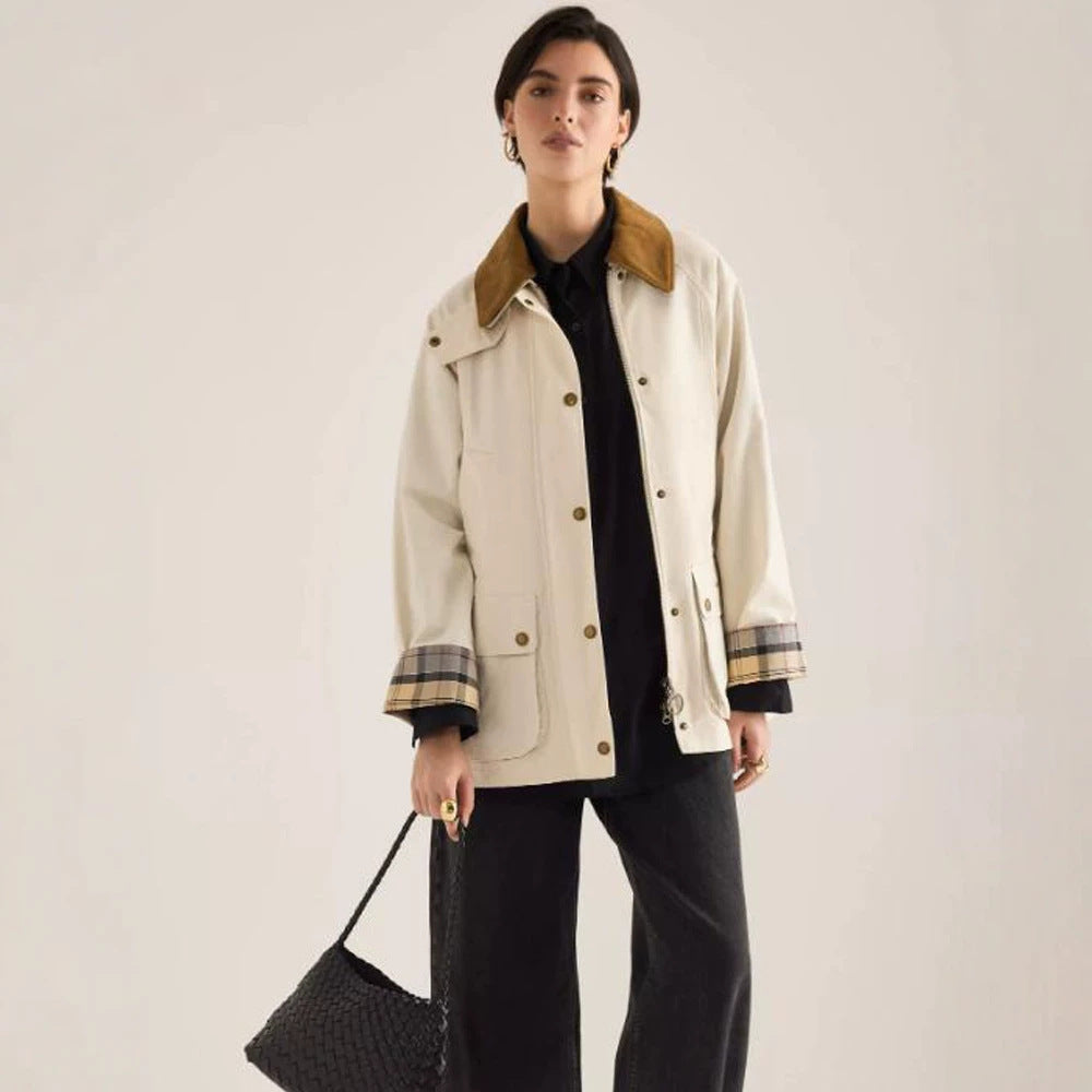 Damen Übergangsjacke mit Cordkragen, Karo-Innenmanschetten und aufgesetzten Taschen Shop Nory