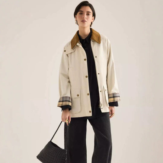 Damen Übergangsjacke mit Cordkragen, Karo-Innenmanschetten und aufgesetzten Taschen Shop Nory