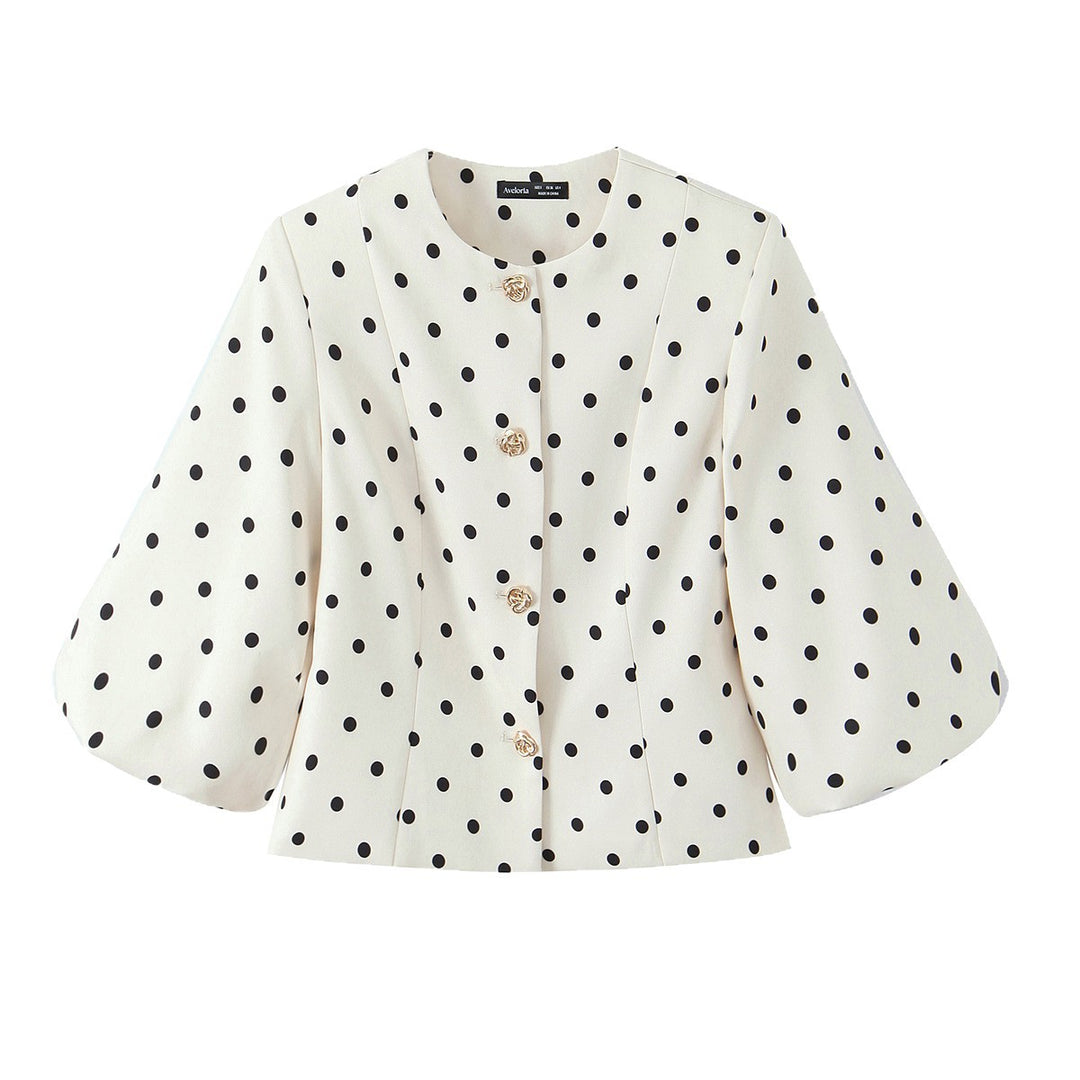 Damen Taillierte Polka‑Dot Blusenjacke mit Volumenärmeln und goldenen Schmuckknöpfen Shop Nory