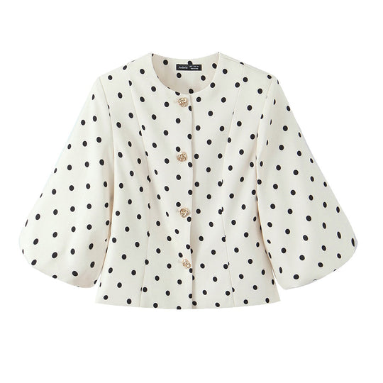 Damen Taillierte Polka‑Dot Blusenjacke mit Volumenärmeln und goldenen Schmuckknöpfen Shop Nory