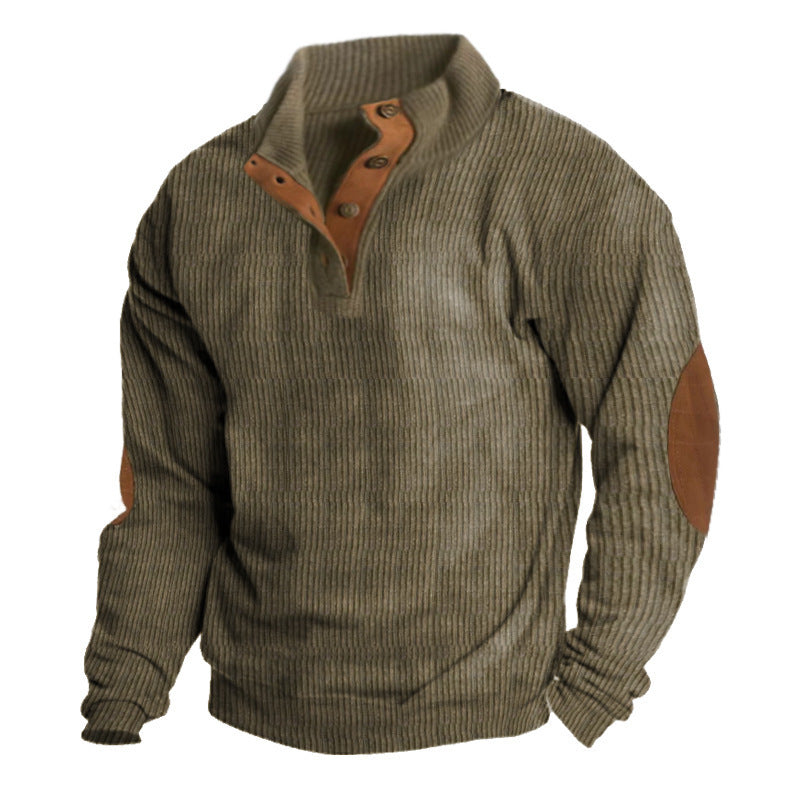Herren Rippstrickpullover mit Stehkragen, Knopfleiste und Ellbogenpatches EB
