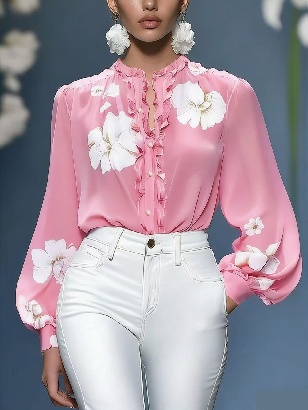 Damen Seidenbluse mit Rüschenblende und floraler Applikation Shop Nory