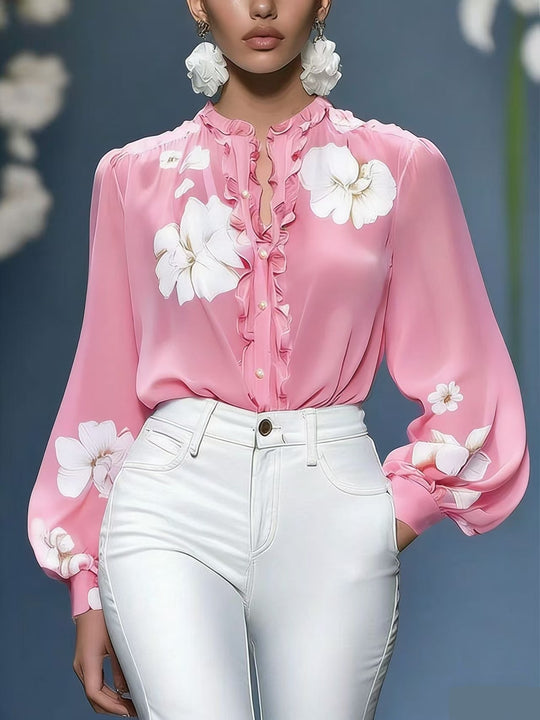 Damen Seidenbluse mit Rüschenblende und floraler Applikation Shop Nory