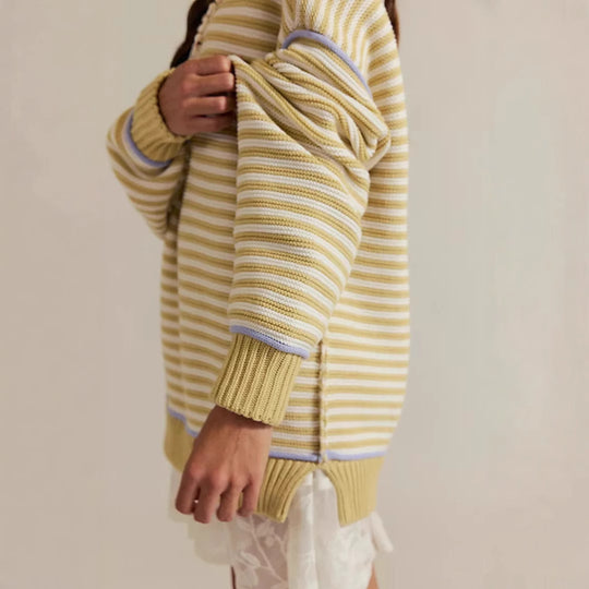 Damen Oversize Ringelstrickpullover mit weitem Schnitt, Bündchen & kontrastierenden Paspeln Shop Nory