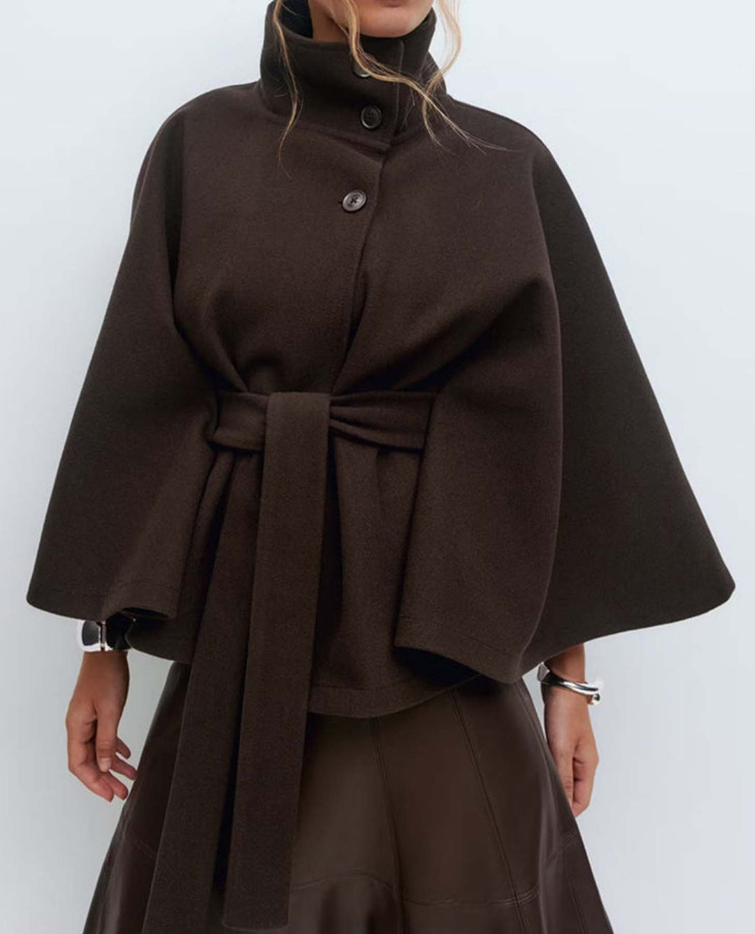 Damen Kurzcape-Mantel mit Stehkragen, Oversize-Ärmeln und Bindegürtel Shop Nory
