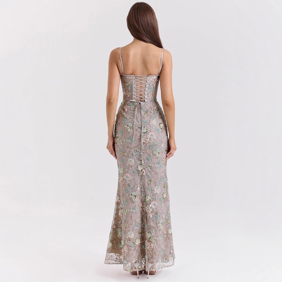 Damen nan elegantes besticktes Abendkleid mit Korsettoberteil und transparentem Spitzenüberzug