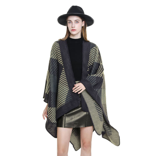 Damen Umhangponcho aus Wollmix mit geometrischem Streifen-Jacquard und offener Kantennaht Shop Nory