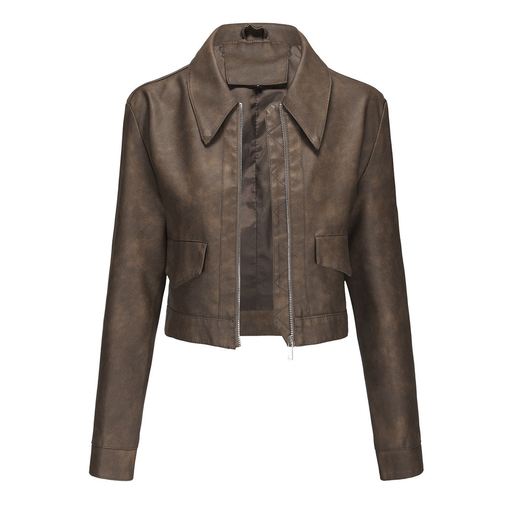 Damen modische cropped Kunstlederjacke mit klassischem Wellenkragen