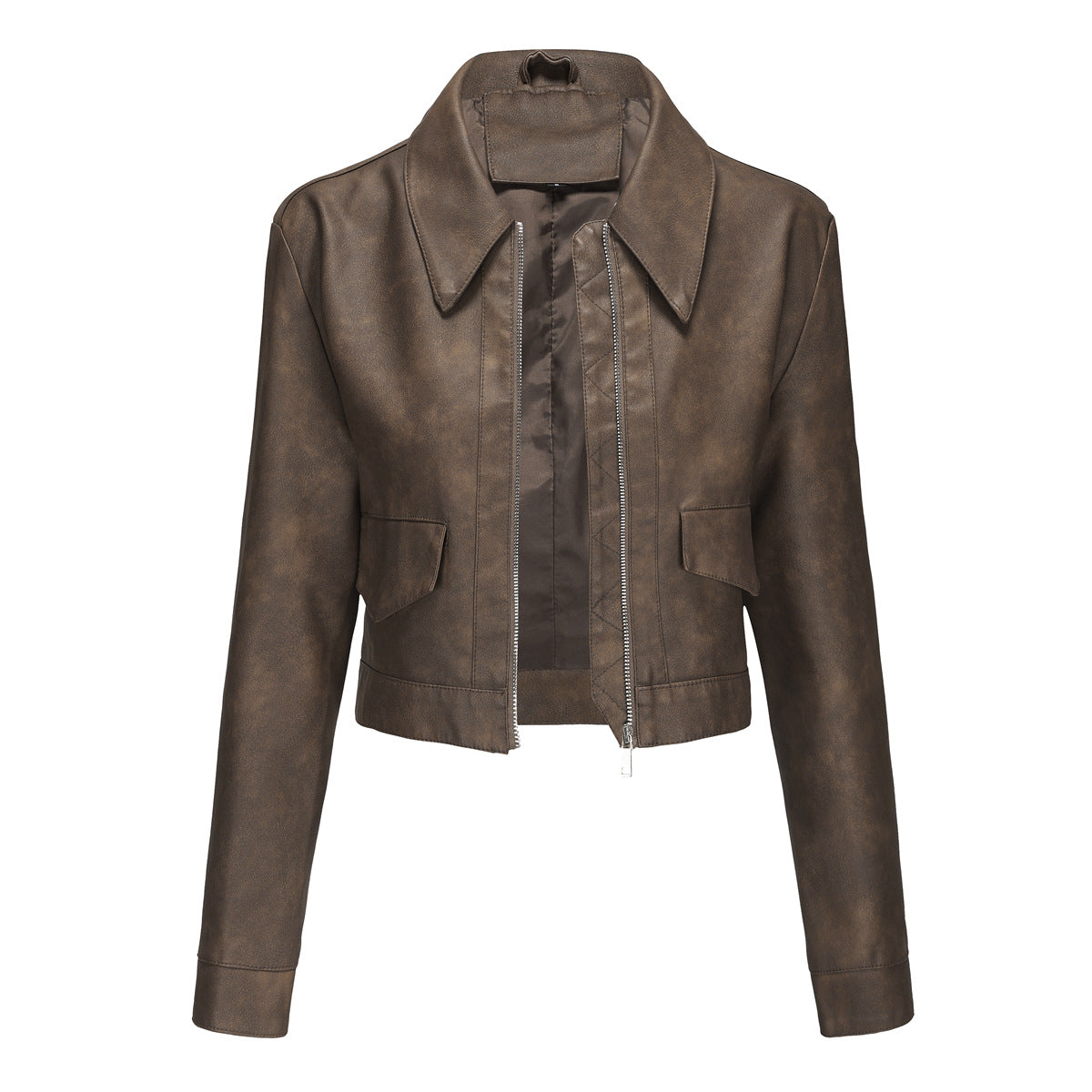 Damen modische cropped Kunstlederjacke mit klassischem Wellenkragen