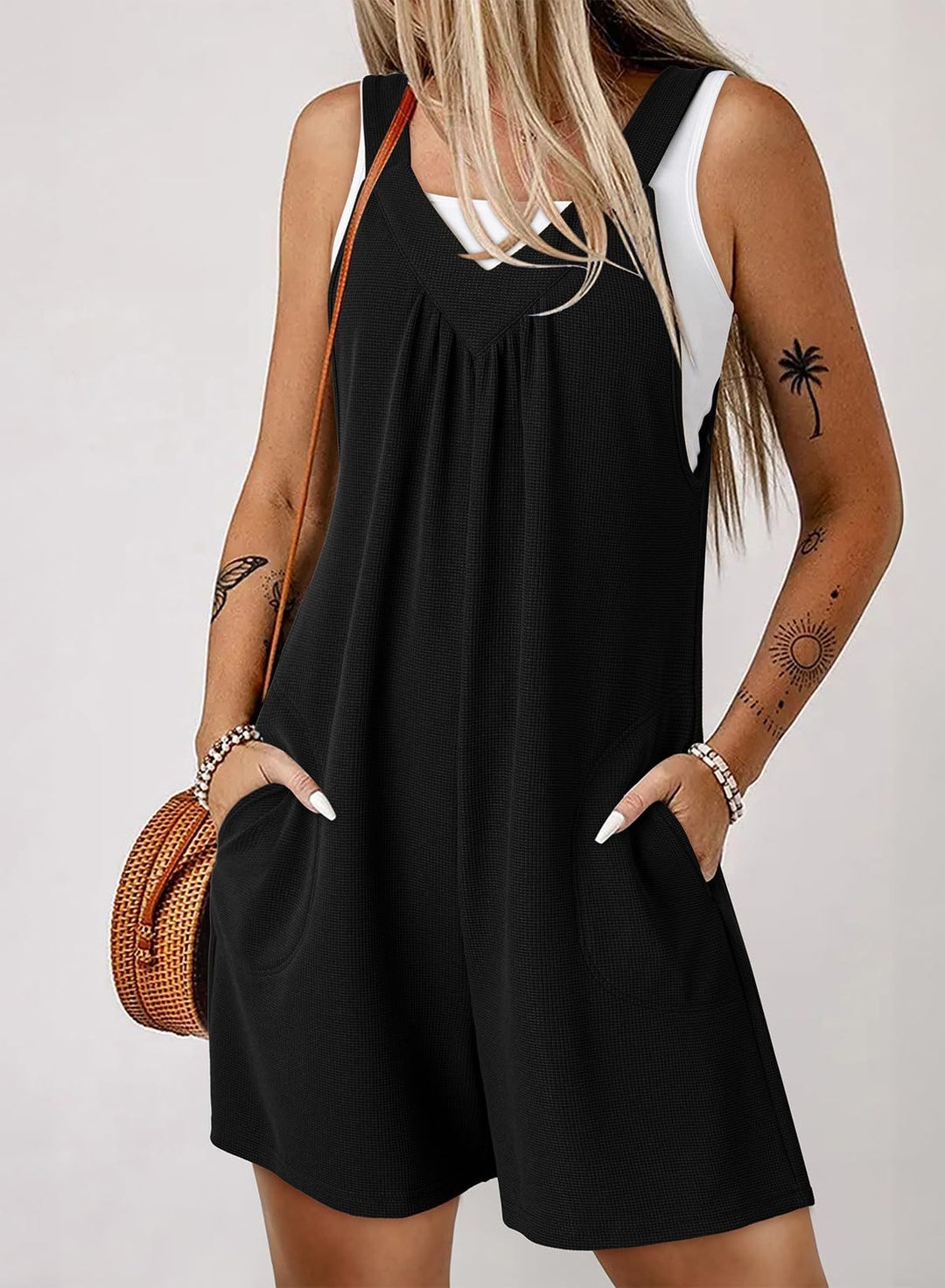 Damen Ärmelloser Waffel-Shorts-Overall mit V‑Ausschnitt und Eingrifftaschen Shop Nory