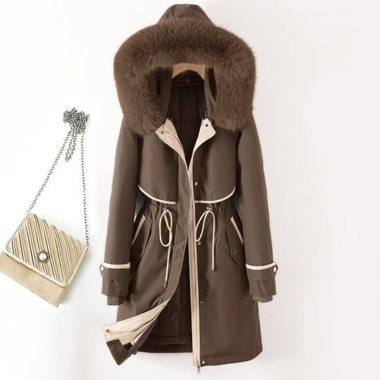 Damen nan langer Parka mit Kunstfellkapuze Taillenzug und kontrastierten Paspeln Shop Nory
