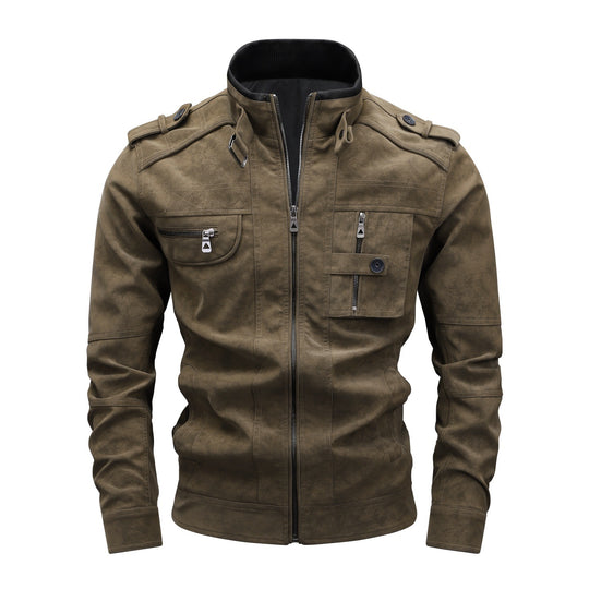 Herren Utility-Fliegerjacke in Wildlederoptik mit Stehkragen, Epauletten und Mehrfach-Taschen Shop Nory