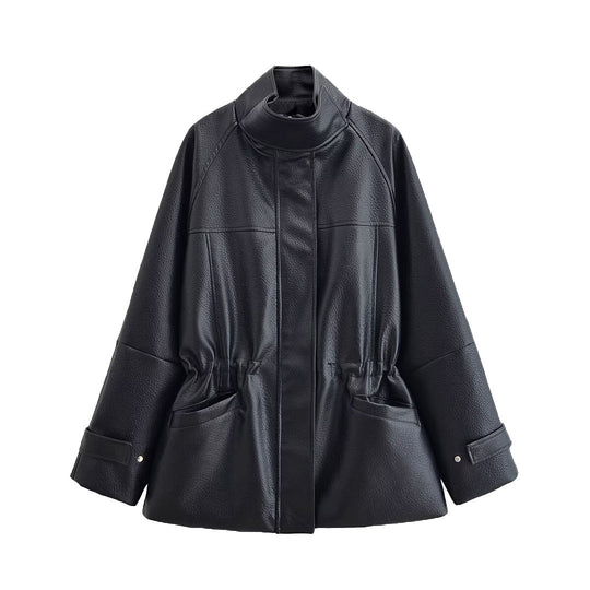 Damen Oversize Kunstlederjacke mit Stehkragen, Tunnelzug-Taille und aufgesetzten Taschen Shop Nory