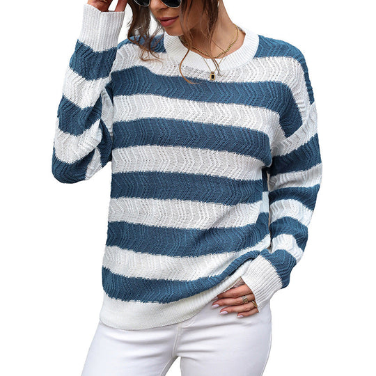 Damen Gestreifter Ajourstrick-Pullover mit Wellendessin, lockerer Passform und gerippten Bündchen Shop Nory