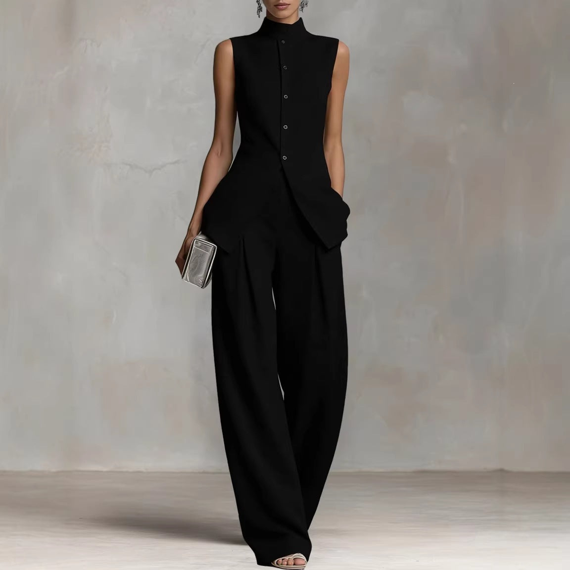 Damen Eleganter suit mit hochgeschlossenem Kragen und weitem Bein