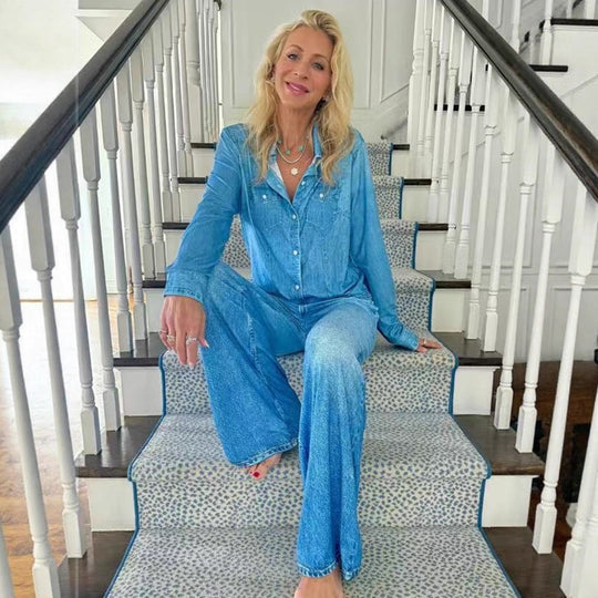 Damen Entspanntes Denim Loungewear-Set mit Übergröße Hemd und Weiten Schlaghosen Shop Nory