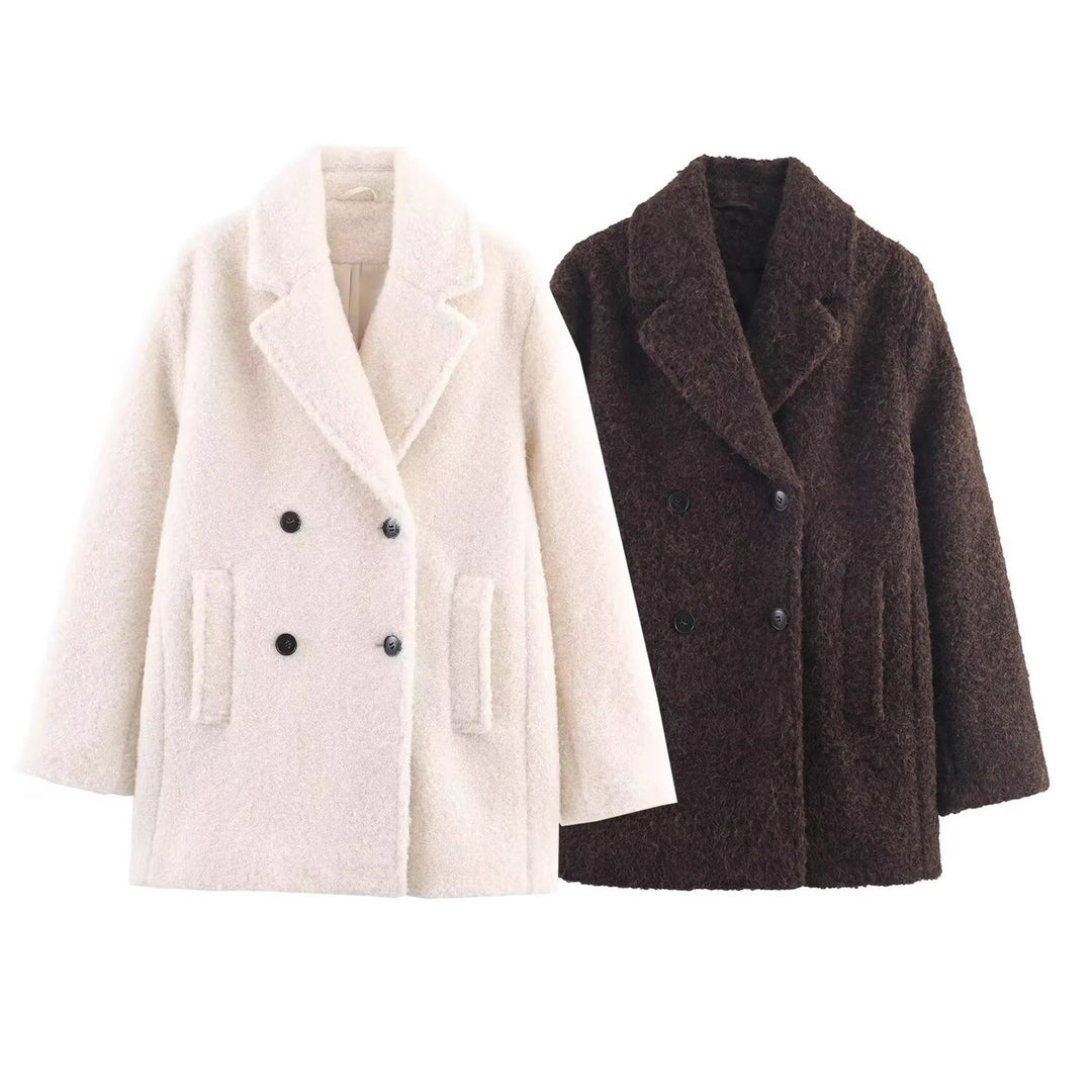 Damen Doppelreihiger Teddy-Mantel mit Schalkragen und aufgesetzten Taschen Shop Nory