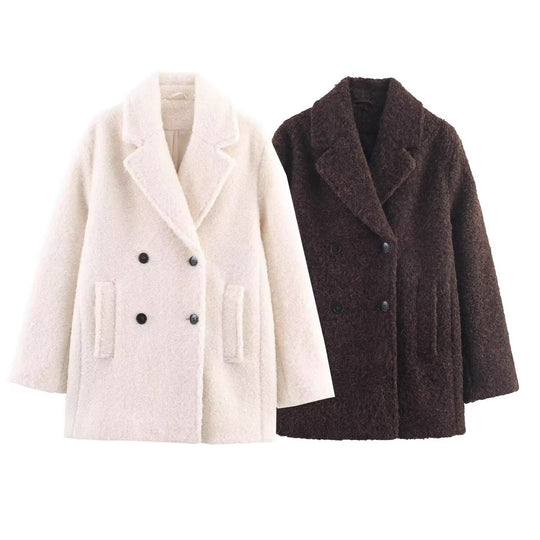 Damen Doppelreihiger Teddy-Mantel mit Schalkragen und aufgesetzten Taschen Shop Nory