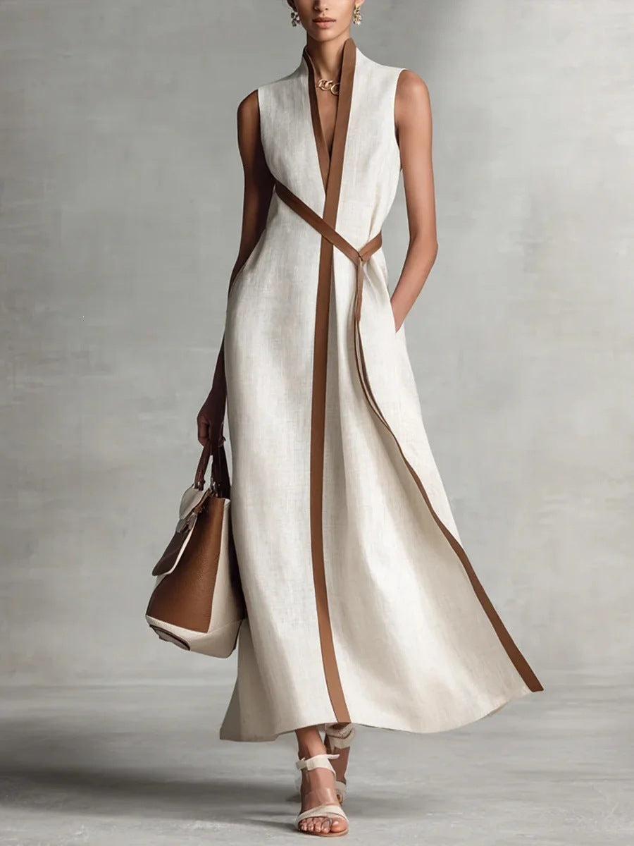 Damen elegantes Maxikleid mit Taillenschnitt und schmalem Gürtel Shopnory